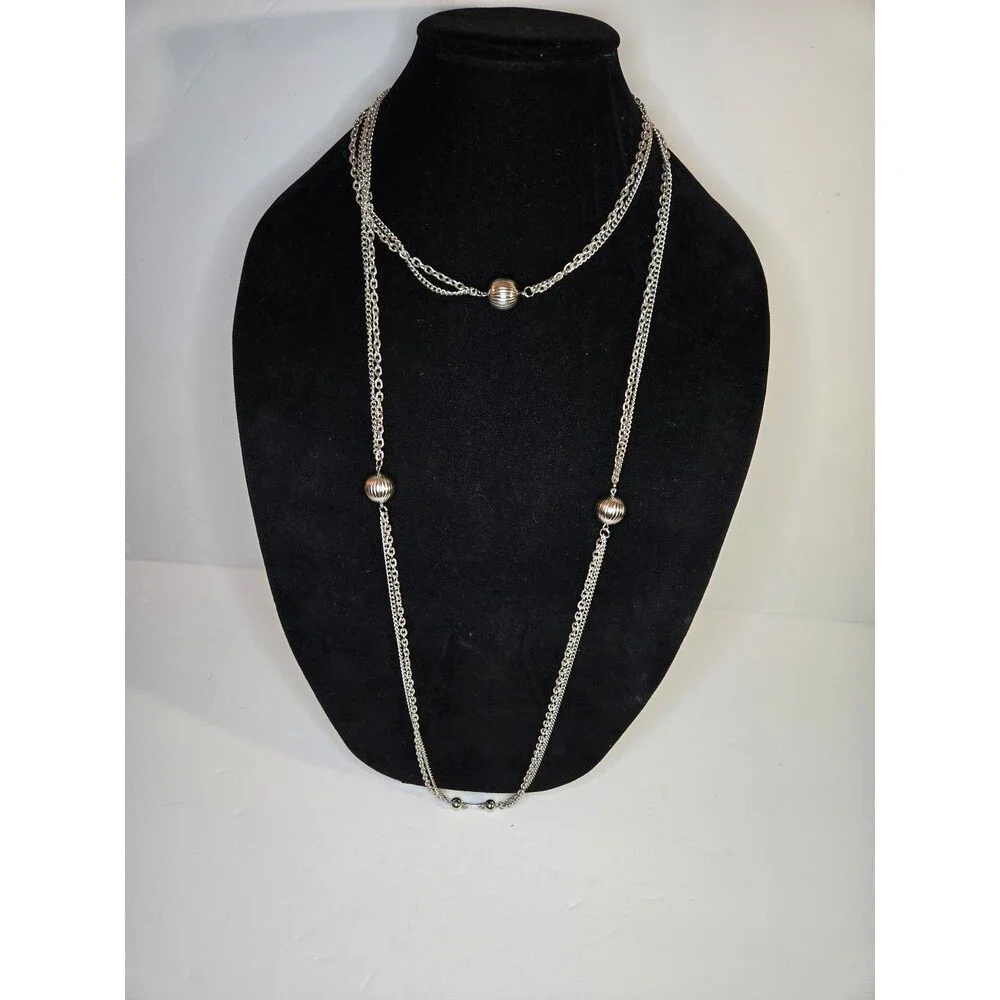 Long Silver Tone Necklace Silver Tone Circular Beads